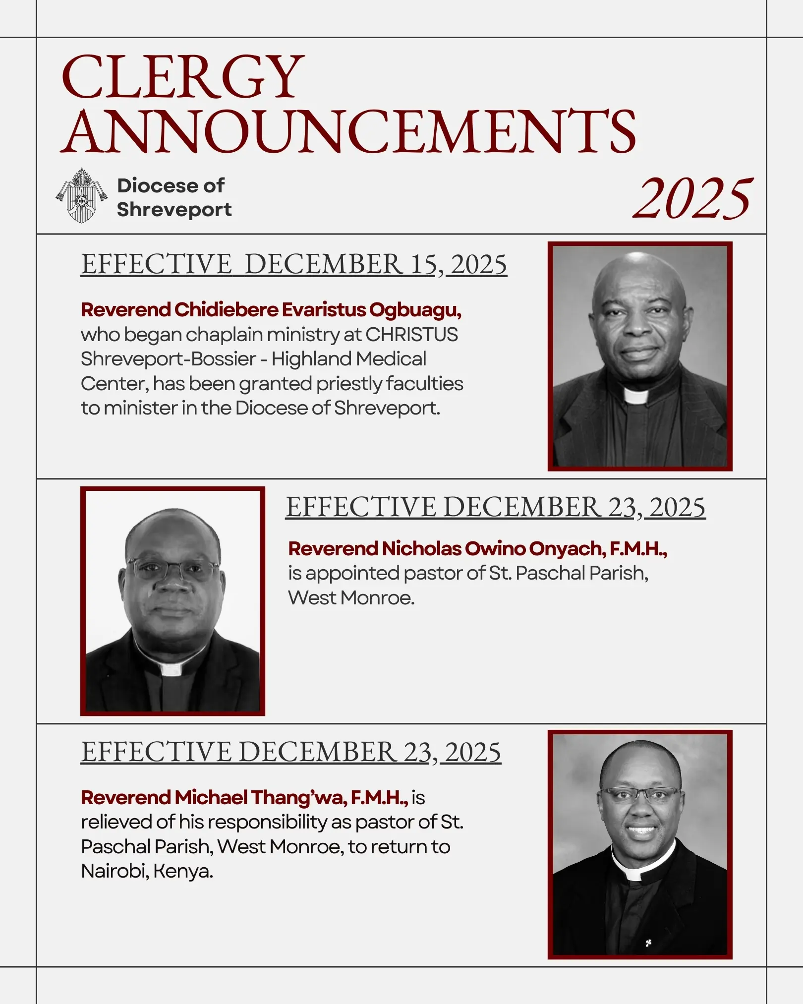 Diocese of Shreveport Clergy Announcements 2025 December