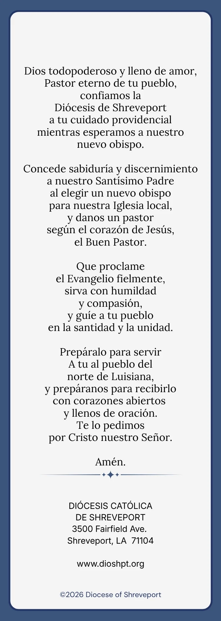 DOS Bishop Prayer Card - Spanish