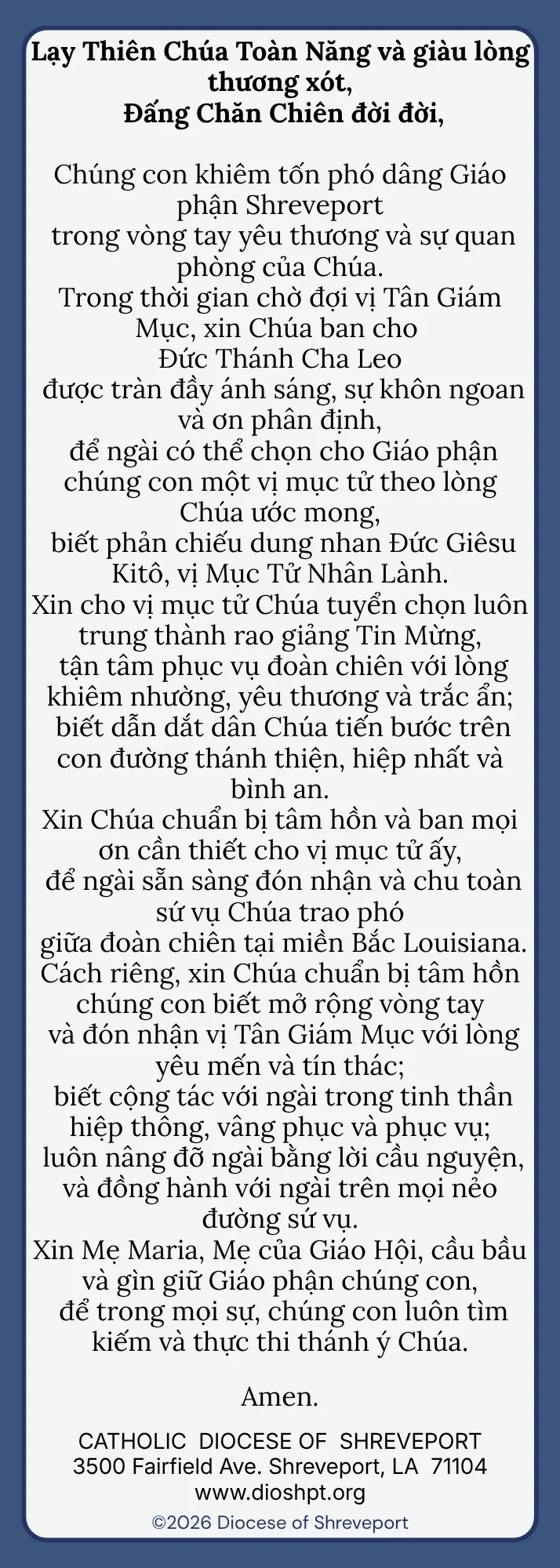 DOS Bishop Prayer Card - Vietnamese
