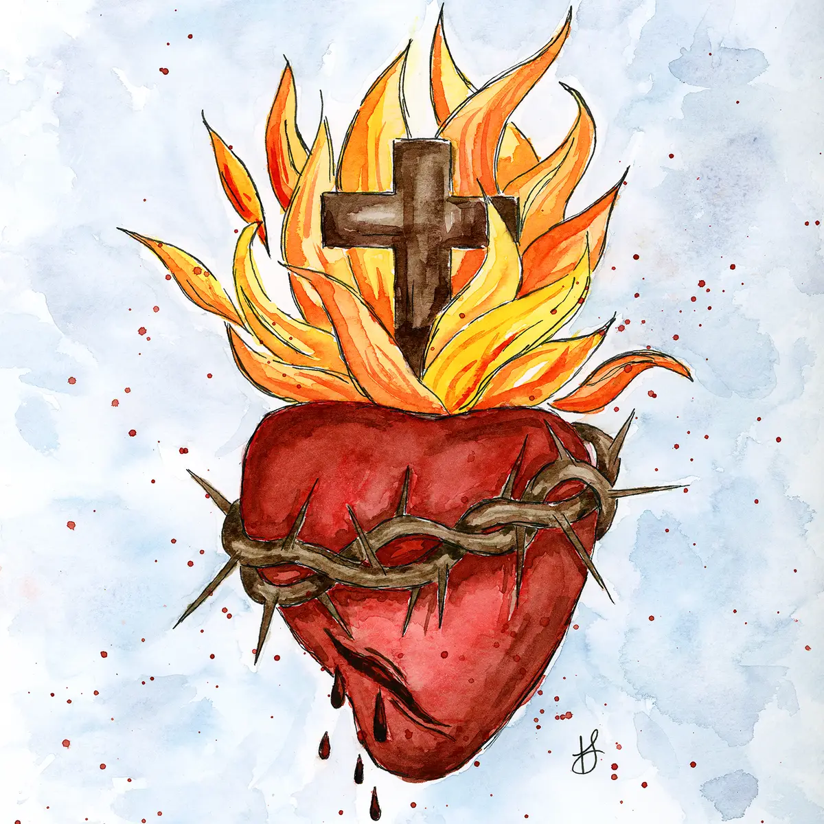 a watercolor painting of the Sacred Heart of Jesus by Tracie Stroud